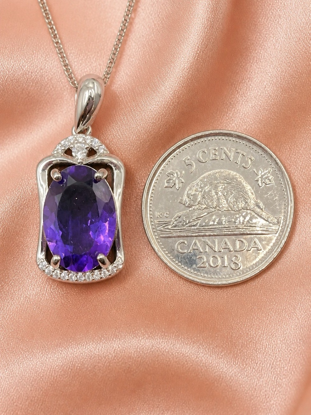 Gorgeous African Oval Amethyst. Rhodium over S925. Moissanite Accents. Brand new